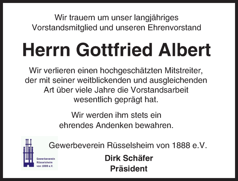  Traueranzeige für Gottfried Albert vom 11.02.2017 aus Trauerportal Rhein Main Presse