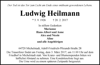 Traueranzeige von Ludwig Heilmann von Trauerportal Echo Online