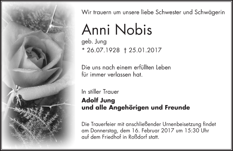  Traueranzeige für Anni Nobis vom 11.02.2017 aus Trauerportal Rhein Main Presse