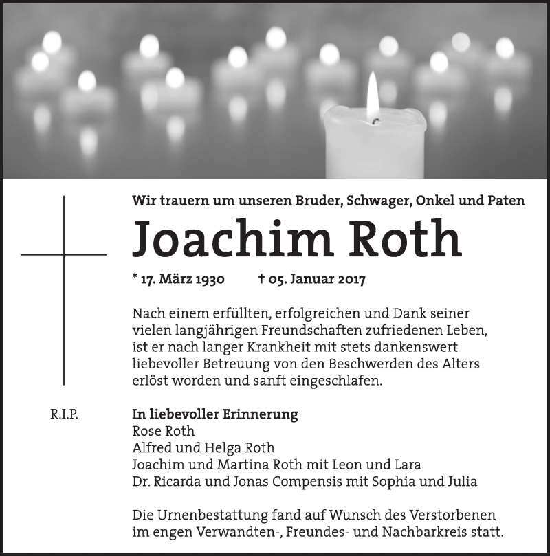  Traueranzeige für Joachim Roth vom 04.02.2017 aus  Gießener Anzeiger