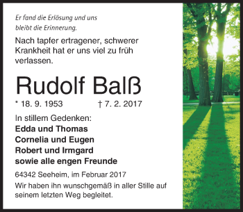 Traueranzeige von Rudolf Balß von Trauerportal Echo Online