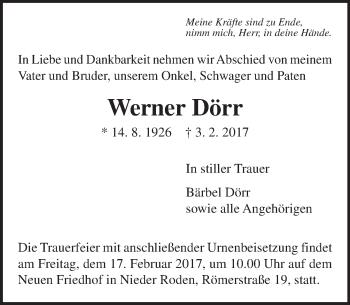 Traueranzeige von Werner Dörr von  Gießener Anzeiger