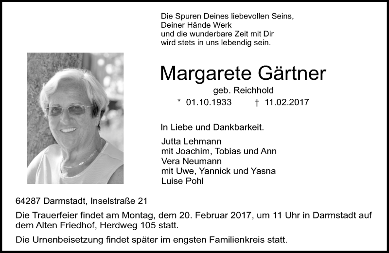  Traueranzeige für Margarete Gärtner vom 15.02.2017 aus Trauerportal Echo Online