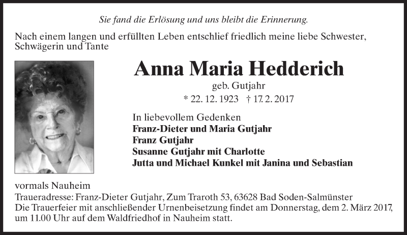  Traueranzeige für Anna Maria Hedderich vom 25.02.2017 aus Trauerportal Rhein Main Presse