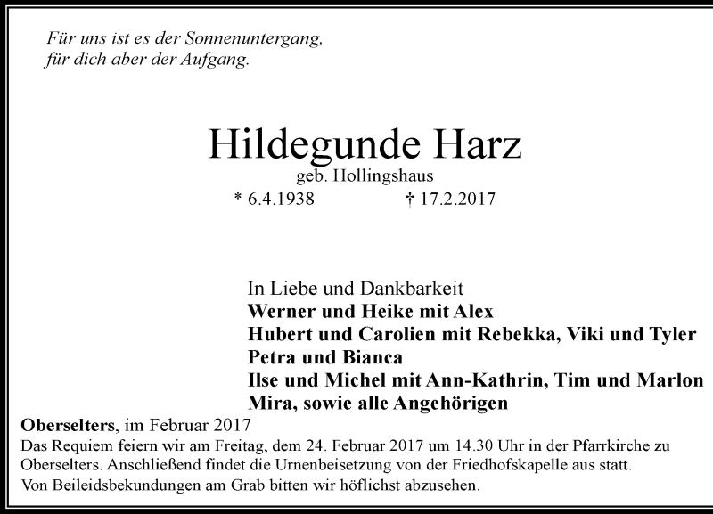  Traueranzeige für Hildegunde Harz vom 23.02.2017 aus  Camberger Anzeiger