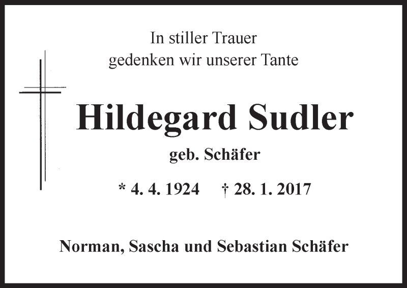 Traueranzeige für Hildegard Sudler vom 03.02.2017 aus Trauerportal Rhein Main Presse