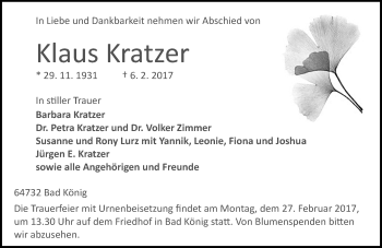 Traueranzeige von Klaus Kratzer von Trauerportal Echo Online