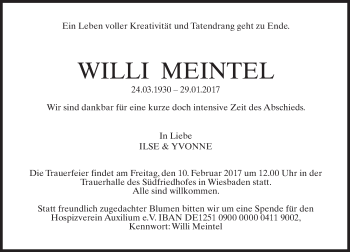 Traueranzeige von Willi Meintel von Trauerportal Rhein Main Presse