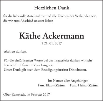 Traueranzeige von Käthe Ackermann von Trauerportal Echo Online