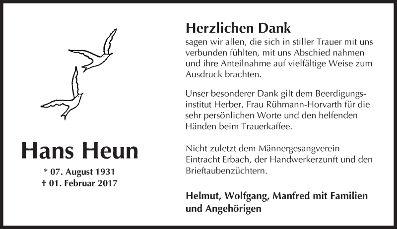  Traueranzeige für Hans Heun vom 23.02.2017 aus  Camberger Anzeiger