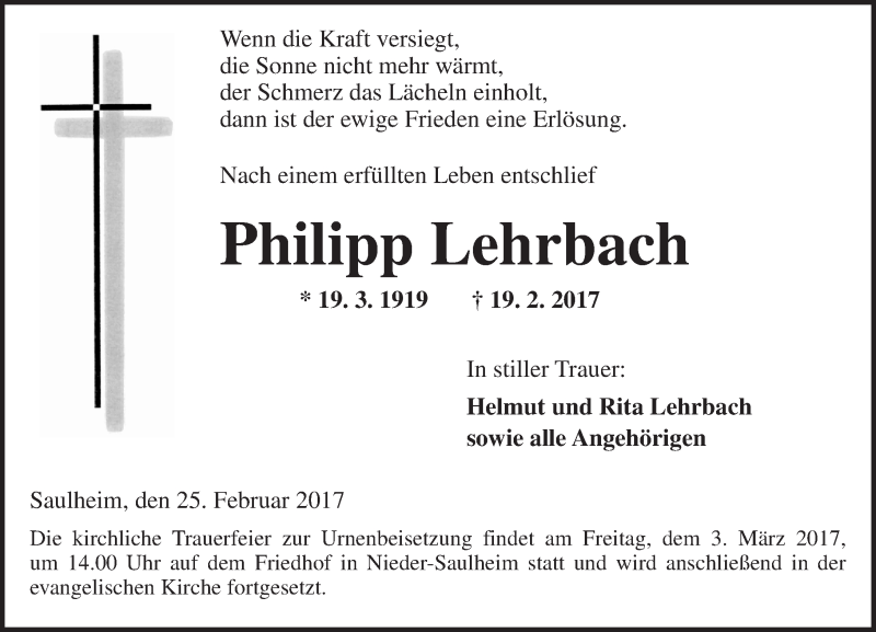  Traueranzeige für Philipp Lehrbach vom 25.02.2017 aus Trauerportal Rhein Main Presse