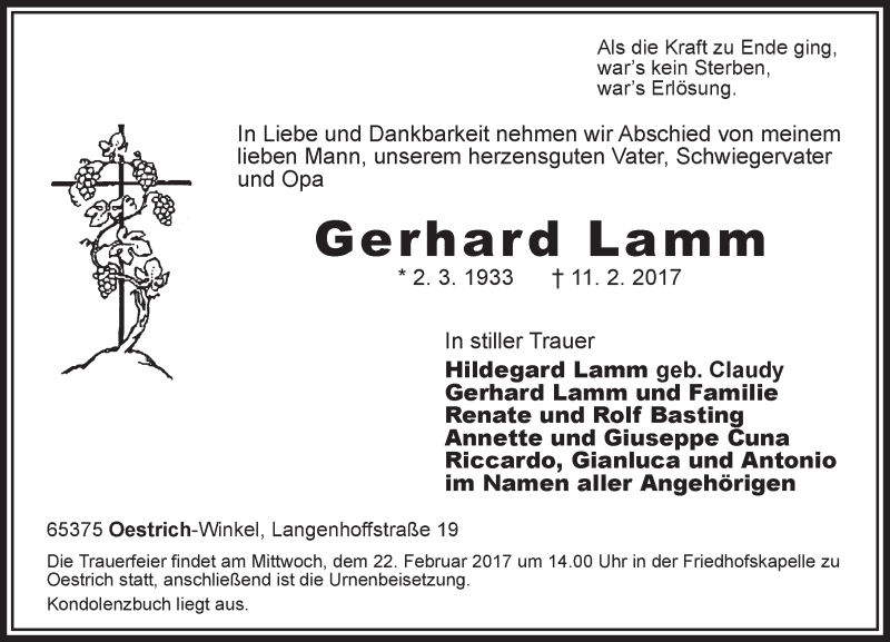  Traueranzeige für Gerhard Lamm vom 16.02.2017 aus Trauerportal Rhein Main Presse