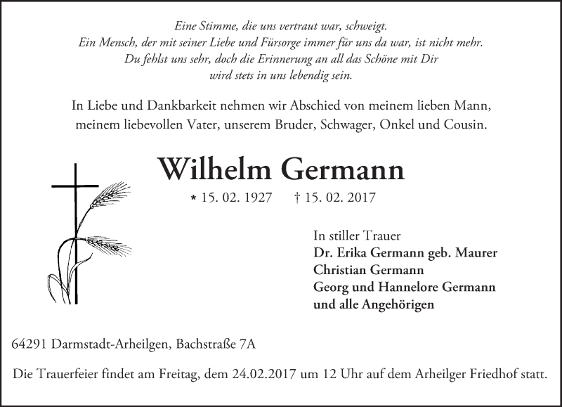  Traueranzeige für Wilhelm Germann vom 18.02.2017 aus Trauerportal Echo Online