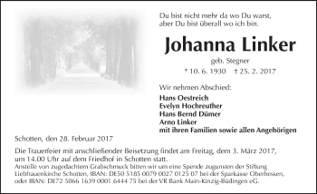 Traueranzeige von Johanna Linker von  Kreisanzeiger