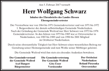 Traueranzeige von Wolfgang Schwarz von  Usinger Anzeiger