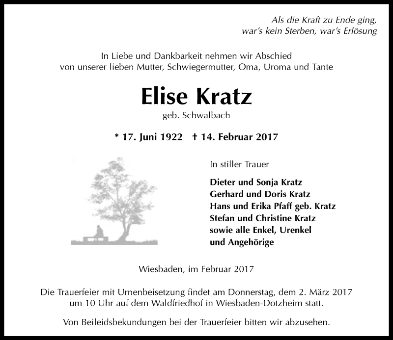  Traueranzeige für Elise Kratz vom 25.02.2017 aus Trauerportal Rhein Main Presse