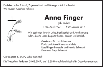 Traueranzeige von Anna Finger von Trauerportal Echo Online