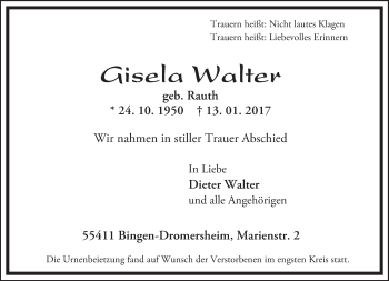 Traueranzeige von Gisela Walter von Trauerportal Rhein Main Presse