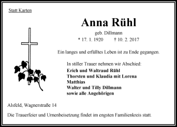 Traueranzeige von Anna Rühl von VRM Trauer