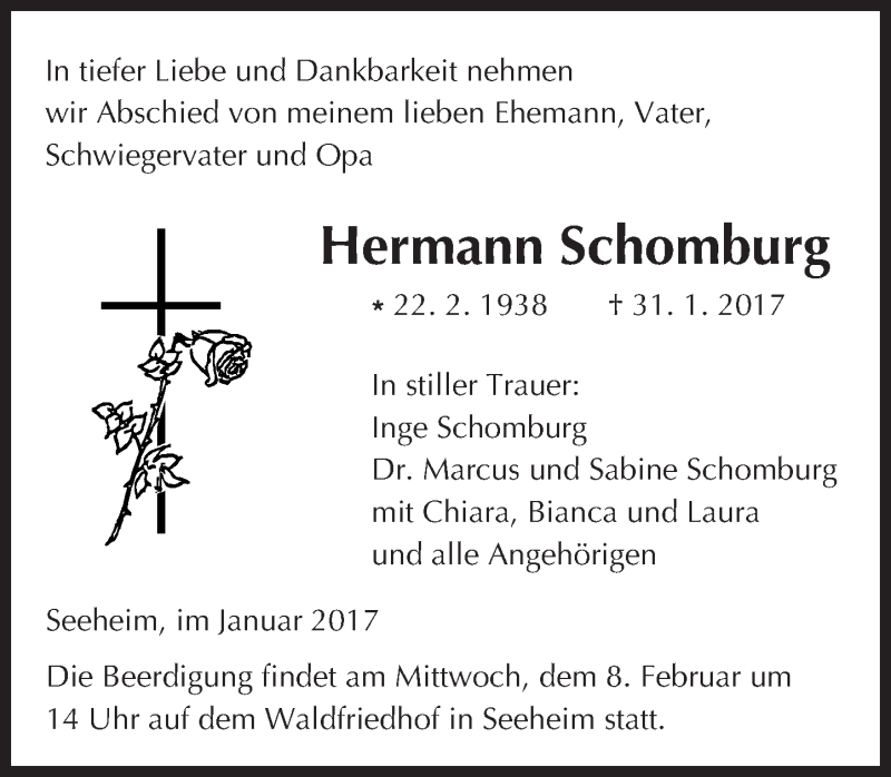  Traueranzeige für Hermann Schomburg vom 04.02.2017 aus Trauerportal Echo Online