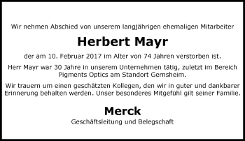 Traueranzeige von Herbert Mayr von Trauerportal Echo Online
