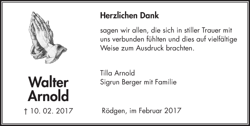  Traueranzeige für Walter Arnold vom 25.02.2017 aus  Gießener Anzeiger
