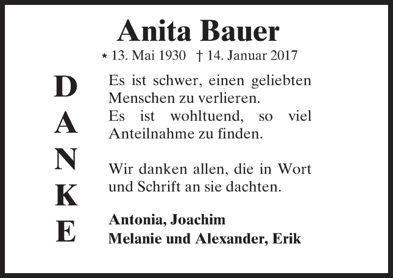  Traueranzeige für Anita Bauer vom 09.02.2017 aus  Camberger Anzeiger