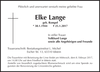 Traueranzeige von Elke Lange von Trauerportal Rhein Main Presse