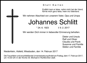 Traueranzeige von Johannes Schlitt von VRM Trauer