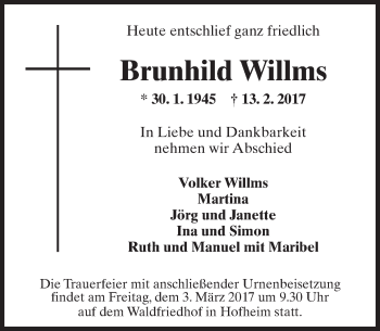 Traueranzeige von Brunhild Willms von Trauerportal Rhein Main Presse