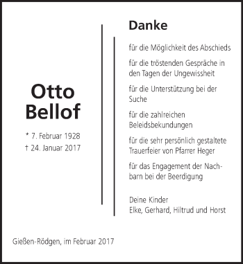 Traueranzeige von Otto Bellof von  Gießener Anzeiger