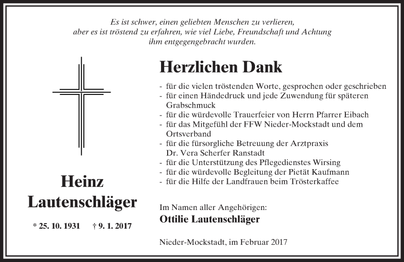  Traueranzeige für Horst Lautenschläger vom 04.02.2017 aus  Kreisanzeiger