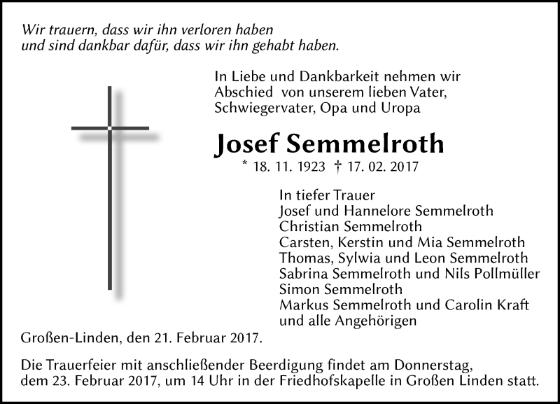  Traueranzeige für Josef Semmelroth vom 21.02.2017 aus  Gießener Anzeiger