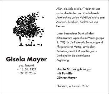 Traueranzeige von Gisela Mayer von Trauerportal Rhein Main Presse