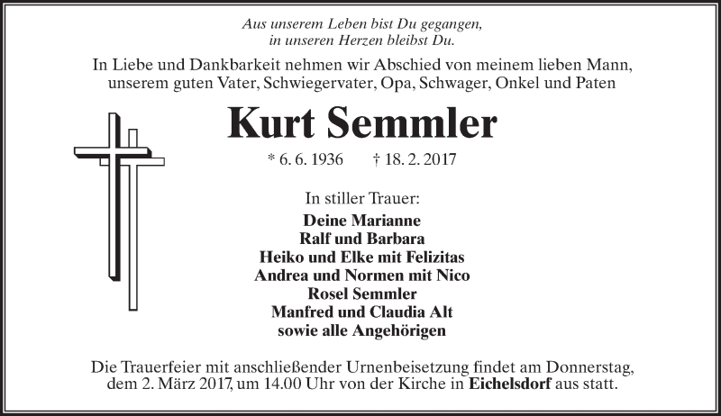  Traueranzeige für Kurt Semmler vom 25.02.2017 aus  Kreisanzeiger