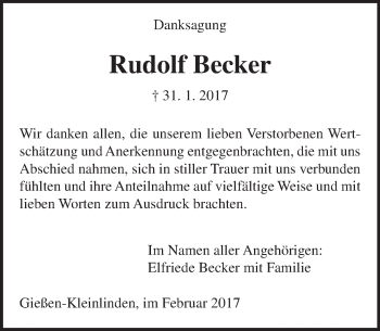Traueranzeige von Rudolf Becker von  Gießener Anzeiger