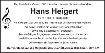 Traueranzeige von Hans Heigert von Trauerportal Rhein Main Presse