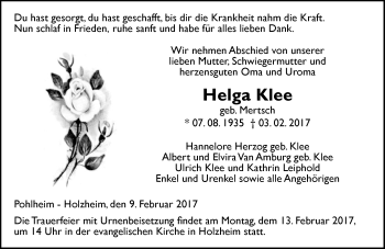 Traueranzeige von Helga Klee von  Gießener Anzeiger