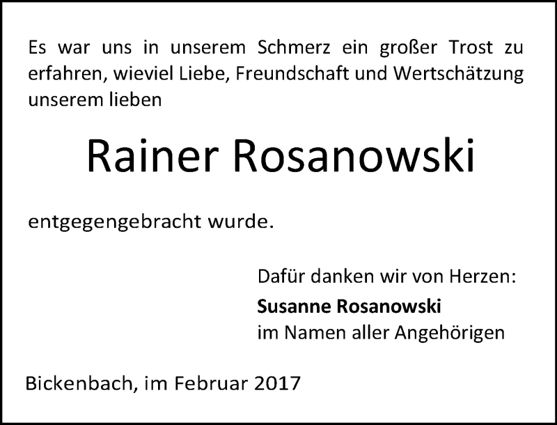  Traueranzeige für Rainer Rosanowski vom 25.02.2017 aus Trauerportal Echo Online
