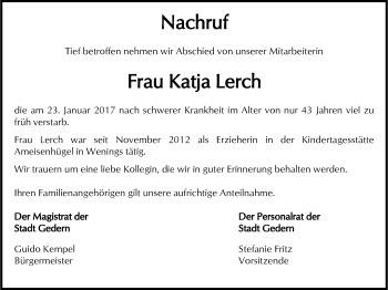 Traueranzeige von Katja Lerch von  Kreisanzeiger