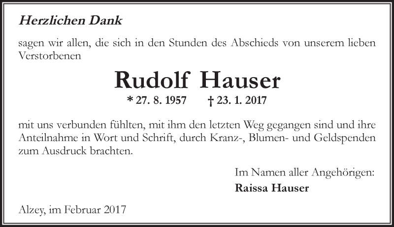  Traueranzeige für Rudolf Hauser vom 14.02.2017 aus Trauerportal Rhein Main Presse