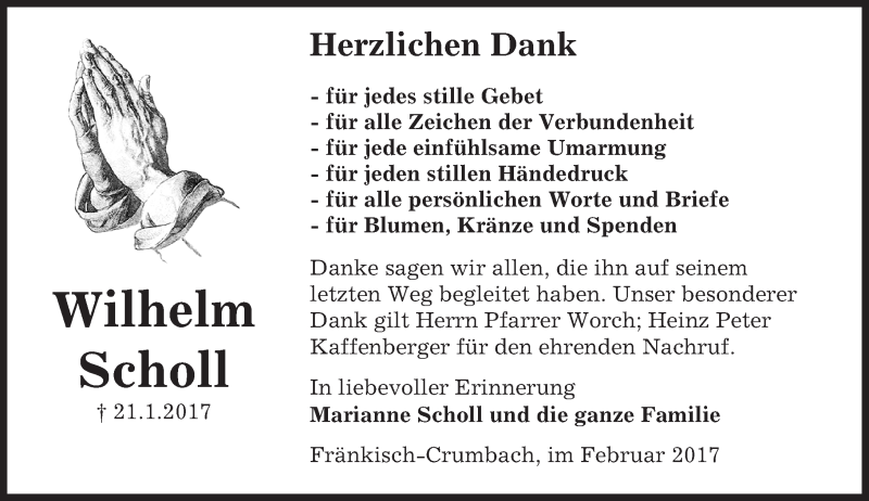  Traueranzeige für Wilhelm Scholl vom 25.02.2017 aus Trauerportal Echo Online