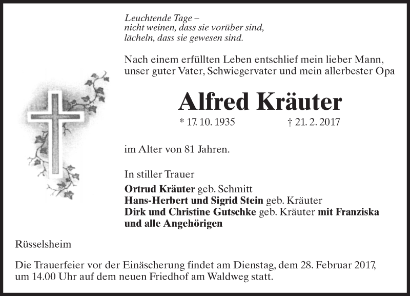  Traueranzeige für Alfred Kräuter vom 25.02.2017 aus Trauerportal Rhein Main Presse