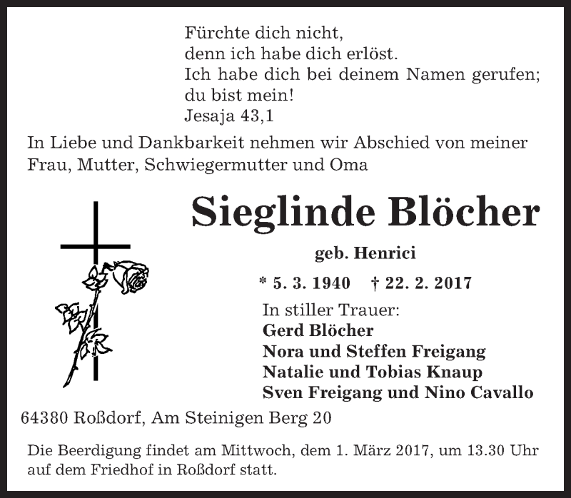  Traueranzeige für Sieglinde Blöcher vom 25.02.2017 aus Trauerportal Echo Online
