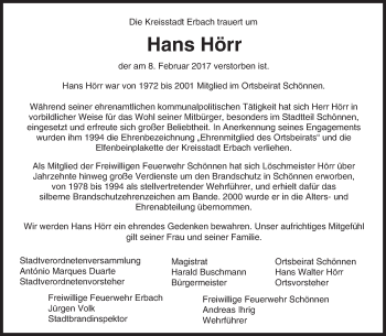 Traueranzeige von Hans Hörr von Trauerportal Echo Online