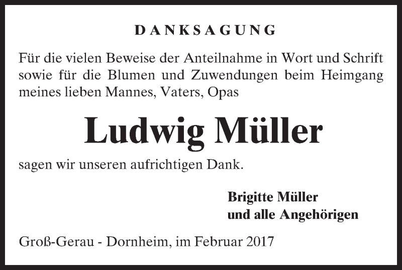 Traueranzeige für Ludwig Müller vom 04.02.2017 aus Trauerportal Rhein Main Presse
