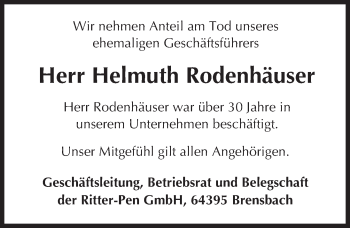 Traueranzeige von Helmuth Rodenhäuser von Trauerportal Echo Online
