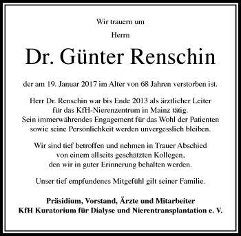 Traueranzeige von Günter Renschin von Trauerportal Rhein Main Presse