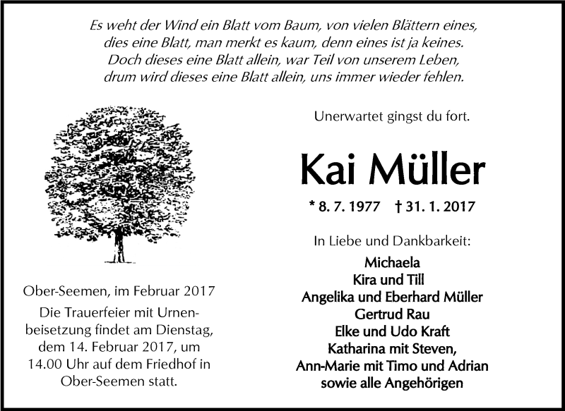  Traueranzeige für Kai Müller vom 11.02.2017 aus  Kreisanzeiger