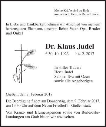 Traueranzeige von Klaus Judel von  Gießener Anzeiger